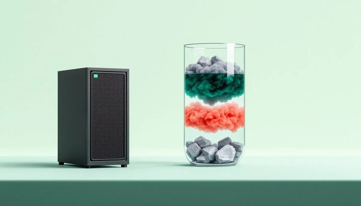 Illustration d'un serveur à côté d'un bocal en verre empli de couches superposées, dont une couche corail, sur fond vert pâle