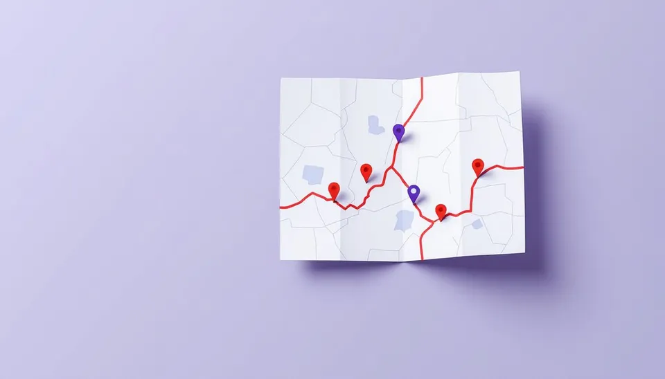 Illustration d'une carte routière dépliée sans légende, avec un trajet corail ponctué d'étapes, sur fond lavande