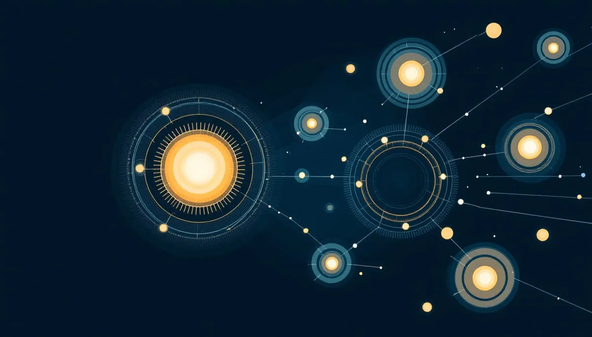 Illustration abstraite de cercles lumineux ambrés entourés d'anneaux concentriques, reliés par de fines lignes en réseau sur fond bleu nuit.