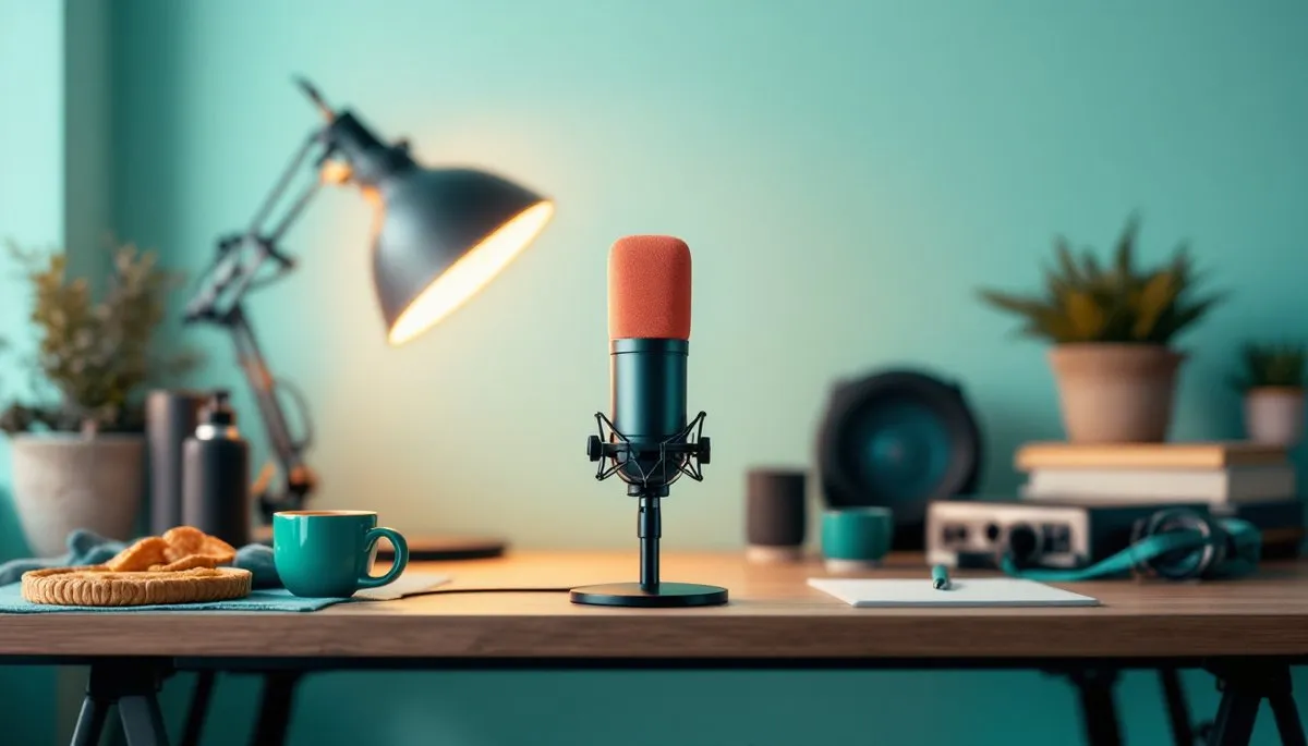 Photo d'un micro de podcast à bonnette corail posé sur un bureau de home studio, éclairé par une lampe de bureau