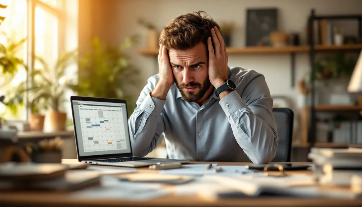 Manager débordé face à un agenda de réunions surchargé sur son ordinateur