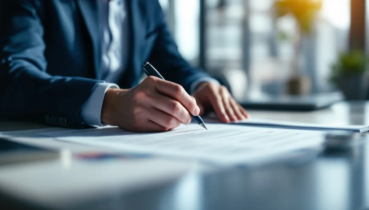 Deux professionnels relisant un contrat de prestation dans une salle de réunion claire