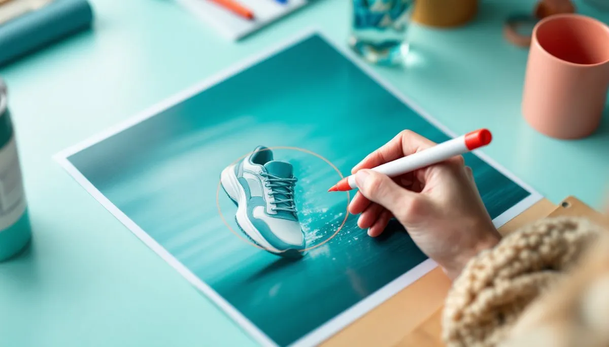 Photo d'une main entourant au feutre une basket sur une photo produit imprimée, à côté d'une tasse corail