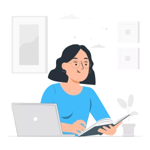 Illustration d'une femme s'instruisant avec un livre et un ordinateur